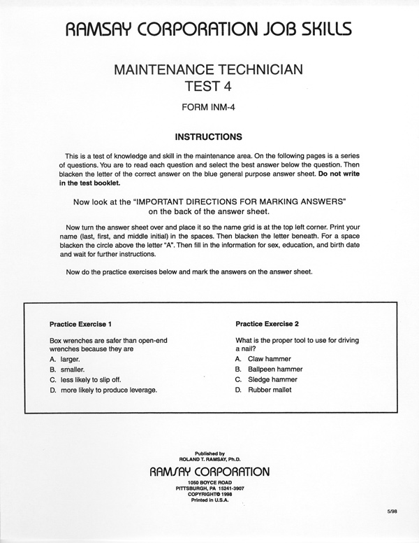 Maintenance Technician Test 4 Form INM4 Ramsay Corporation