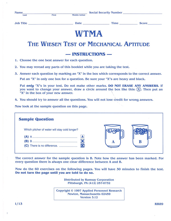 Wiesen Test Of Mechanical Aptitude Form WTMA Ramsay Corporation