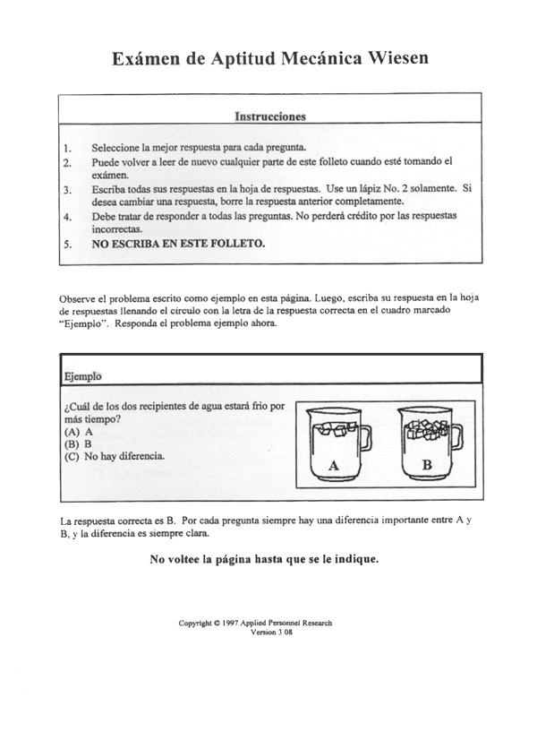 Wiesen Test Of Mechanical Aptitude Form WTMA Spanish Ramsay Corporation